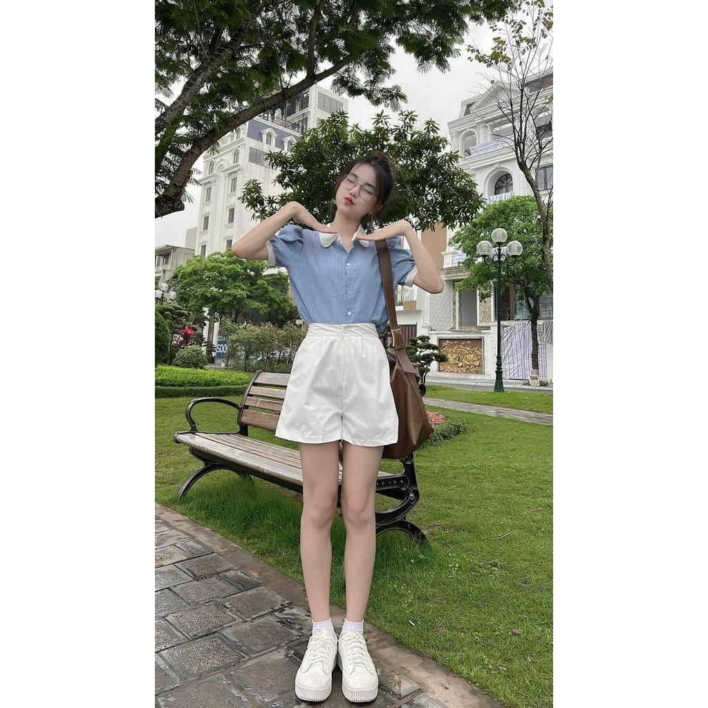 Áo sơ mi nữ cộc tay áo sơ mi cổ bẻ chất kiểu vải thô kẻ sọc phong cách Hàn Quốc PANOSI - A751