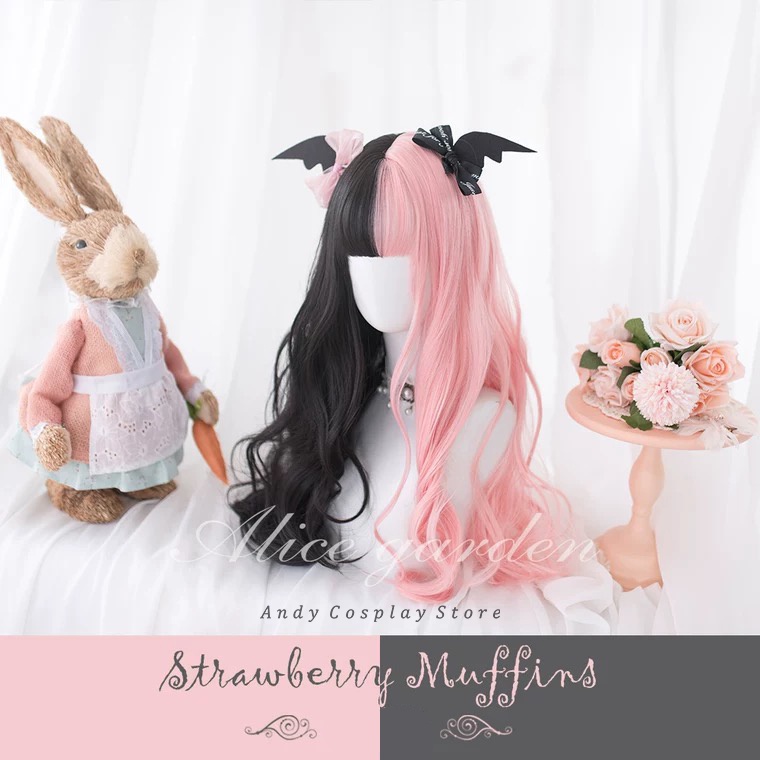 Wig teen/ tóc giả đen hồng Strawberry Muffins Alice Garden