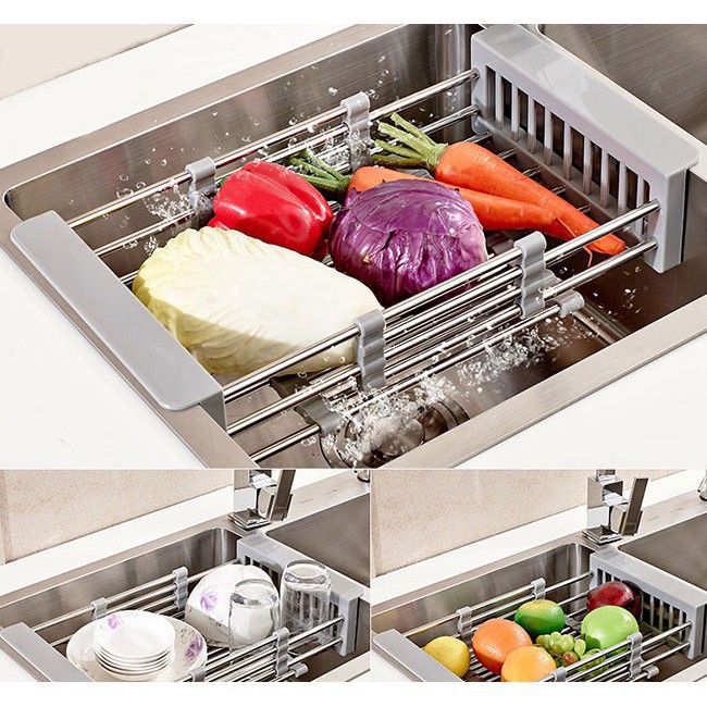 [RẺ VÔ ĐỊCH] Khay Rổ Inox Co Giãn Đa Năng Úp Bát Đĩa Cốc, Đựng Thực Phẩm Rau Củ Quả Cài Chậu Rửa Bát - Dụng cụ nhà bếp