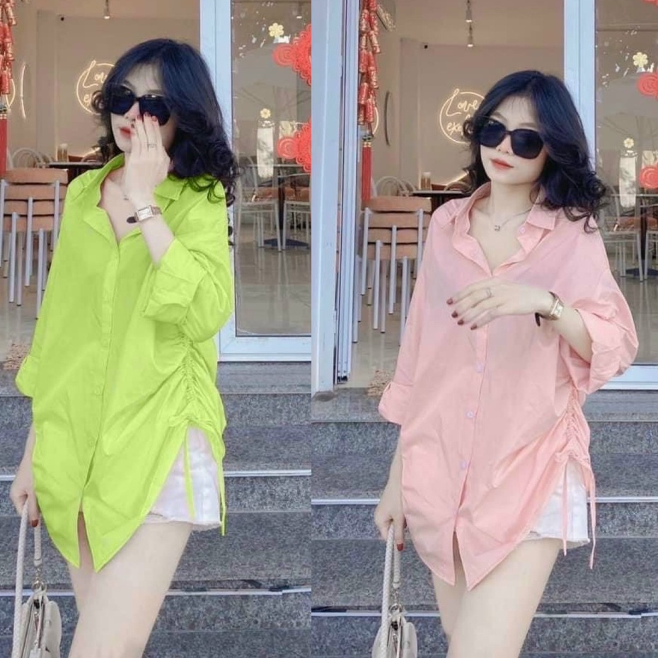 sét đồ nữ sang chảnh,bộ đồ nữ áo sơ mi rút dây kèm quần phối màu nhã nhặn ( Xanh ,Hồng )