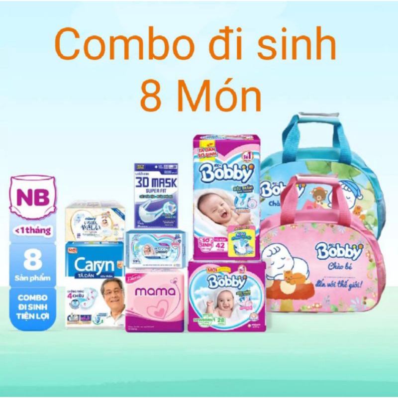 Combo đi sinh Bobby: Miếng lót NB1-28,tã dán XS42, khăn ướt 100m, BVS Mama 12m, tã dán Caryn ML3, túi da