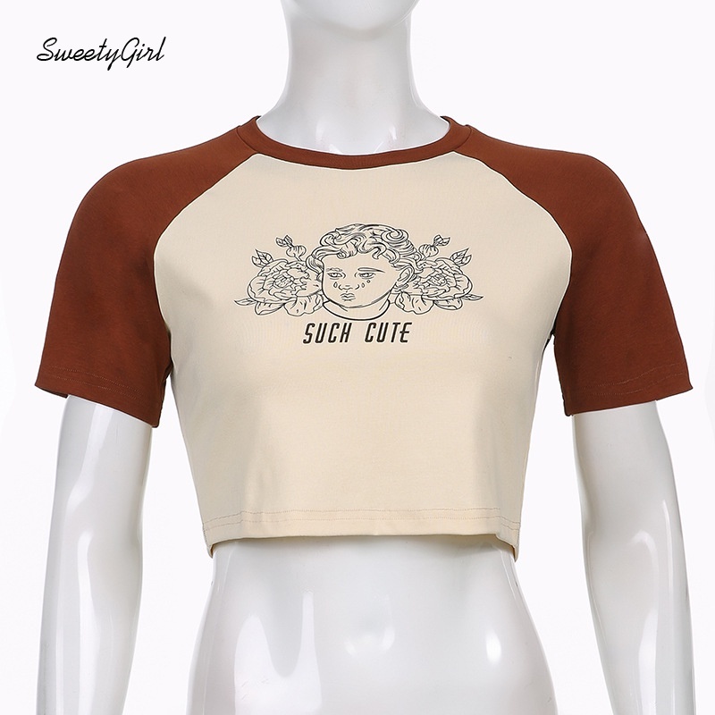 Áo Croptop Tay Ngắn Cổ Tròn Màu Sắc Tương Phản In Họa Tiết Thiên Thần Độc Đáo Thời Trang Cho Nữ