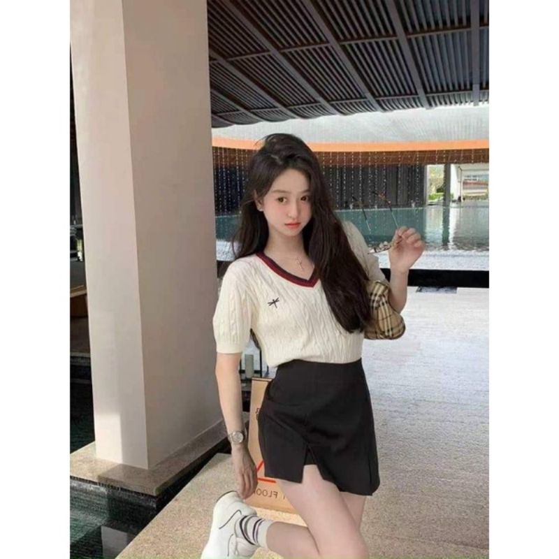 Áo len cổ tim viền hàng QC