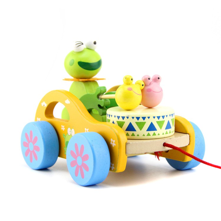 Xe kéo đồ chơi cho bé xe đánh trống bằng gỗ 3 mẫu gấu thỏ ếch