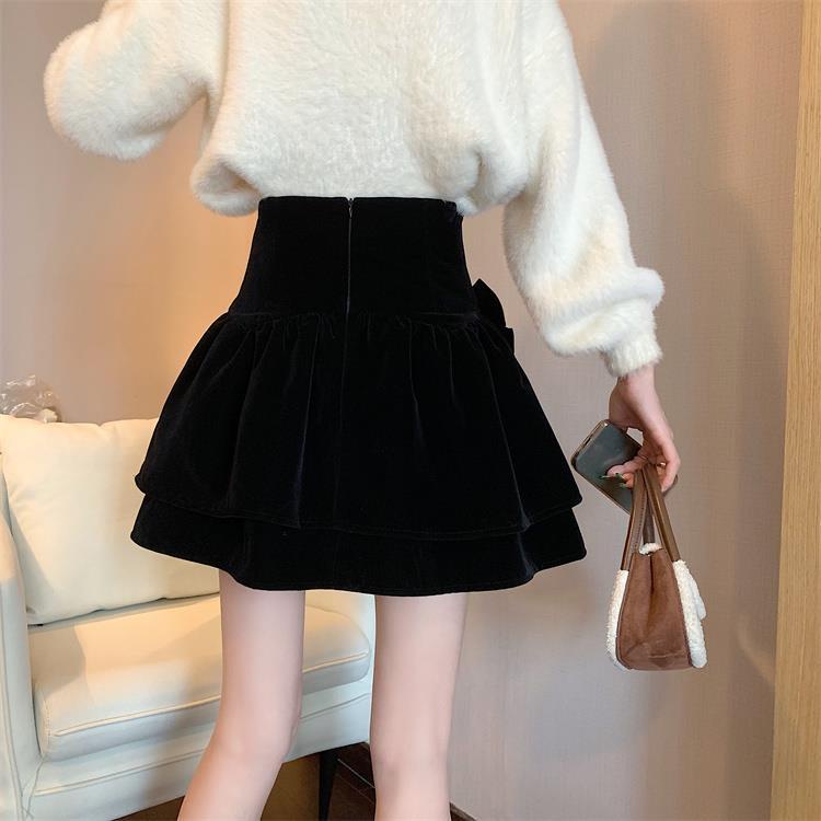 Chân Váy Nhung Ngắn Lưng Cao Dáng Ôm Đính Nơ Thời Trang Thu Đông Mới