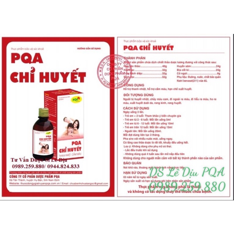 Siro Chỉ Huyết PQA Dùng Cho Người Chảy Máu Cam, Giúp Cầm Máu, Lương Huyết 250ML