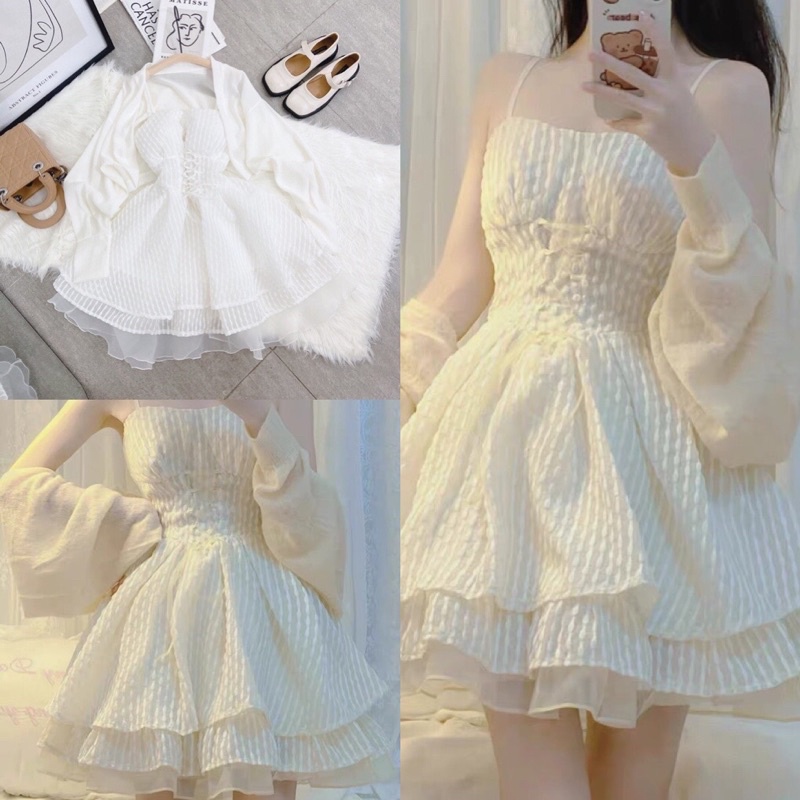 [HÀNG CHUẨN] Sét đầm trăng tầng 2s đan eo kèm khoác siêu hot