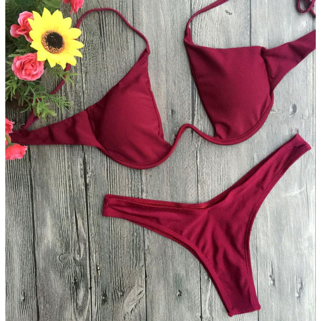 Set đồ bơi gọng kim loại hình chữ V màu kẹo trơn giúp nâng ngực cho nữ | BigBuy360 - bigbuy360.vn