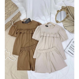 Set bộ đồ đũi cộc cổ tròn bèo ngang ngực cho nữ