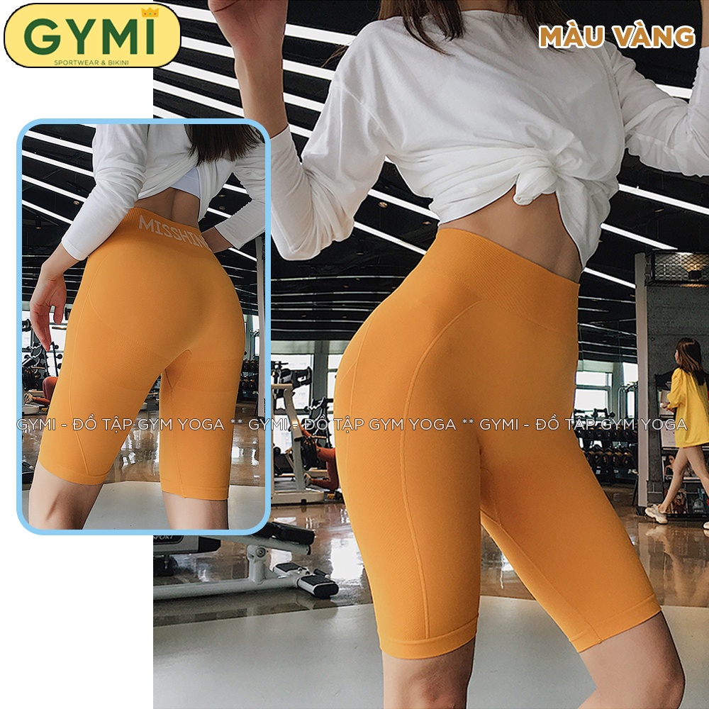 Quần tập gym yoga nữ GYMI QL02 dáng ngố lửng biker thể thao chất dệt co giãn logo Misshine cạp cao