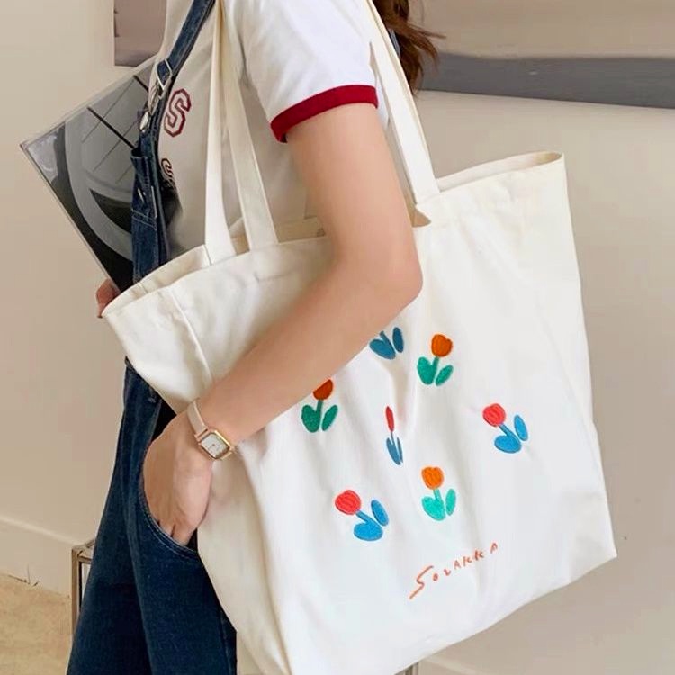 Túi Vải Canvas Thêu Hình Hoa Tulip Phong Cách Nhật Bản Mới