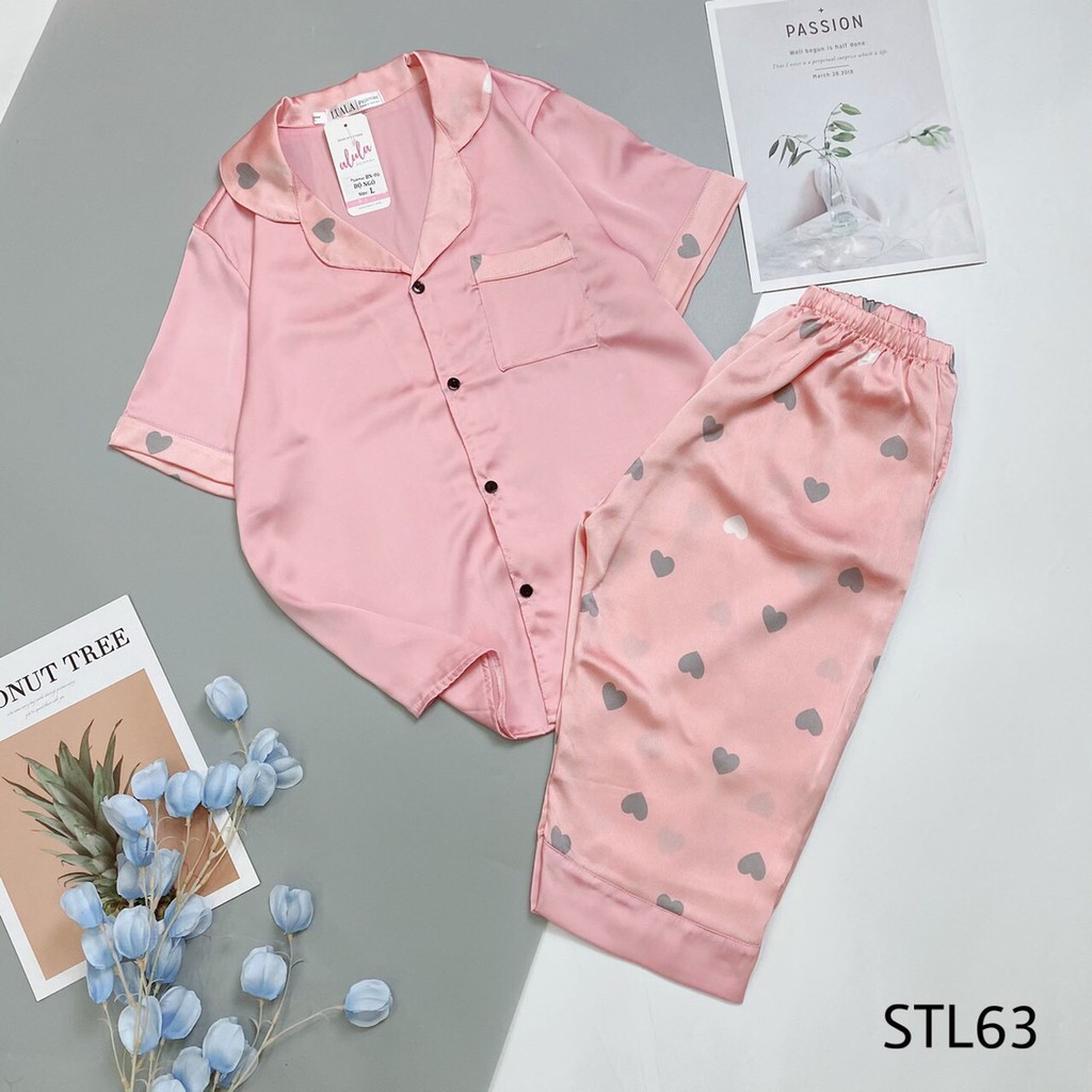 Bộ Pijama Quần Lửng Chất Lụa Satin Xuất Hàn Mềm Mịn Thấm Hút Mồ Hôi Bộ Mặc Nhà Phong Cách Hàn Quốc