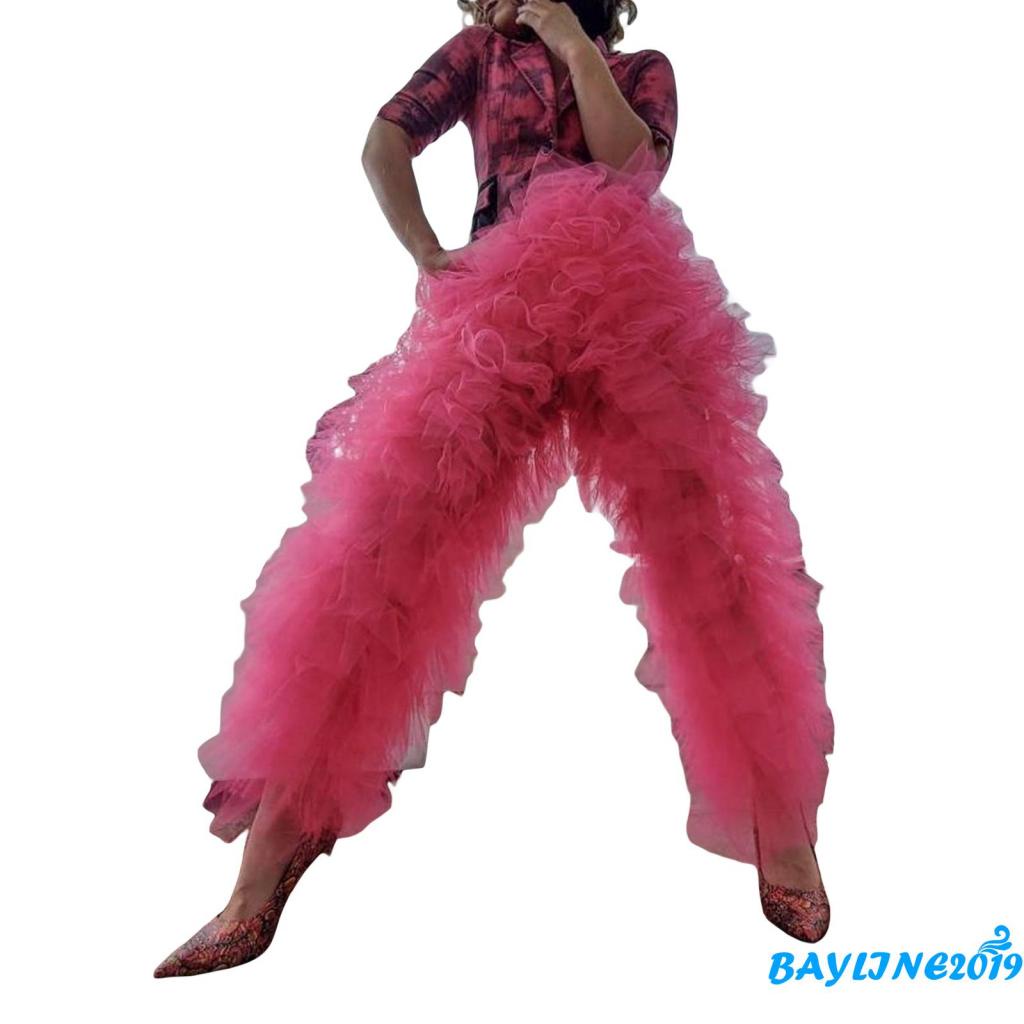 Bay-Women´s Tulle Pants, Solid Color Patchwork Multi-Layer Ruffle Yarn High Waist Female Trousers