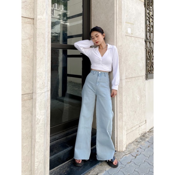 Quần jean nữ cạp cao ống rộng chất đẹp lai xé tự nhiên thời trang GAGO màu xanh jeans GO3785