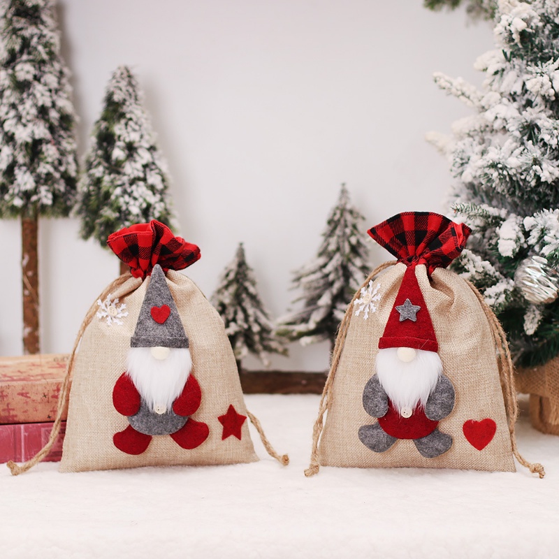 Túi Dây Rút Vải Lanh Đựng Quà Giáng Sinh / Kẹo Hình Búp Bê Vô Diện / Ông Già Noel