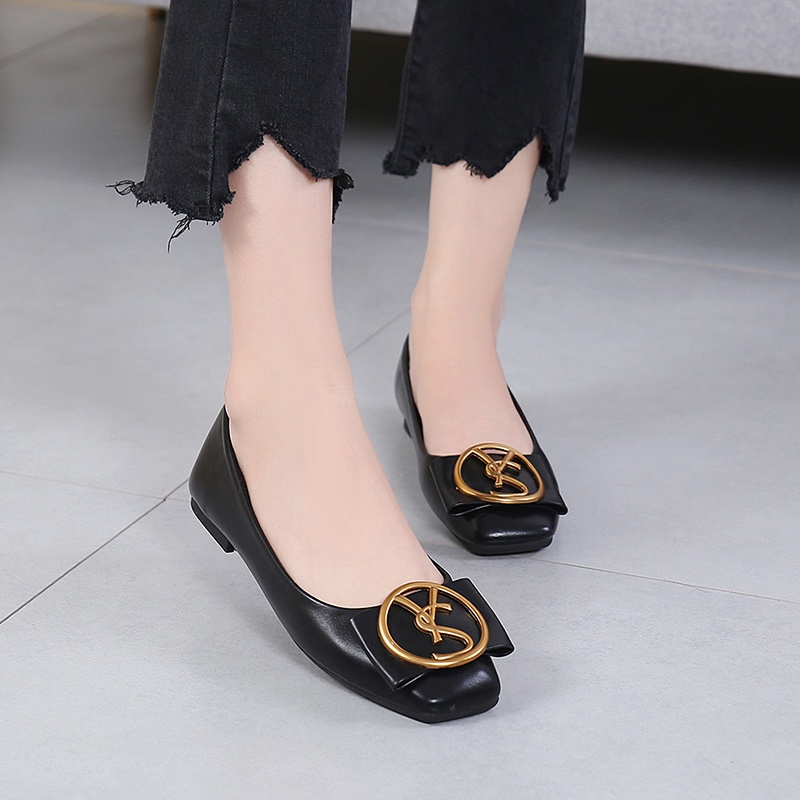 Giày Búp Bê Mũi Vuông In Chữ Viền Đen Phong Cách Cổ Điển Thời Trang Cho Nữ