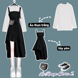 (Sẵn) Set áo thun trắng dài tay + váy yếm hai dây vạt chéo hách dáng đan dây bên hông có size (ảnh thật)