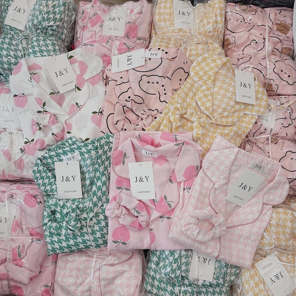 Bộ ngủ nữ pijama mặc nhà họa tiết xinh yêu, không kèm chun buộc tóc, freesize 35-55kg