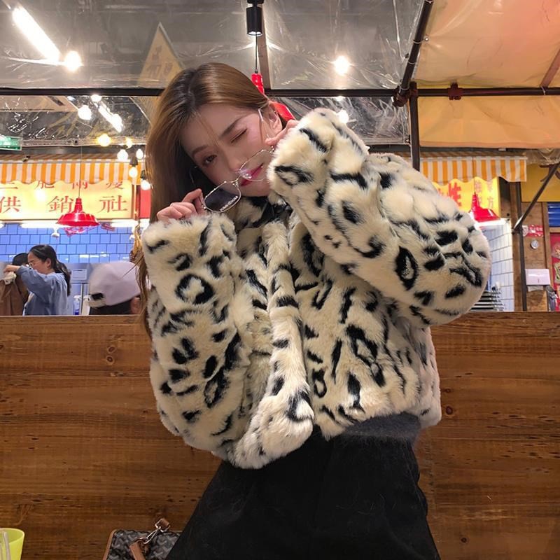 Ảnh thật 6 hình cuối-HC469.Áo khoác lông dáng ngắn họa tiết da báo