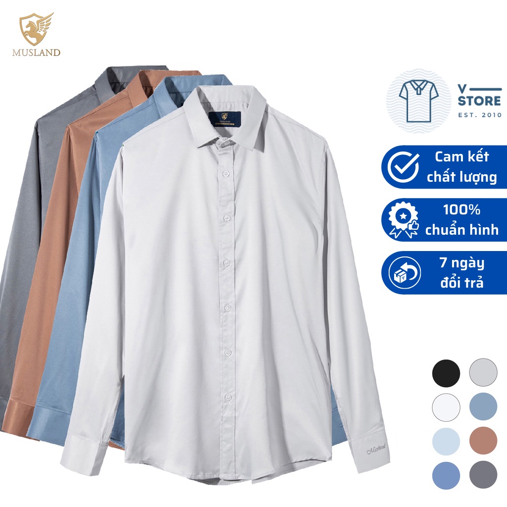 Áo sơ mi nam dài tay trơn dáng slim fit vừa vặn, màu trắng, xanh, đen, ghi, nâu thêu logo Musland & V-Store SM21002