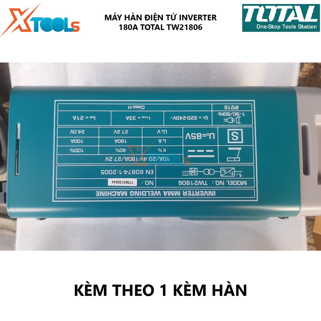 Máy hàn điện tử TOTAL TW21806 Máy hàn điện tử Inverter MMA 85V Điện áp ra tối đa 130A Kích thước que hàn 1.6 – 4.0 mm