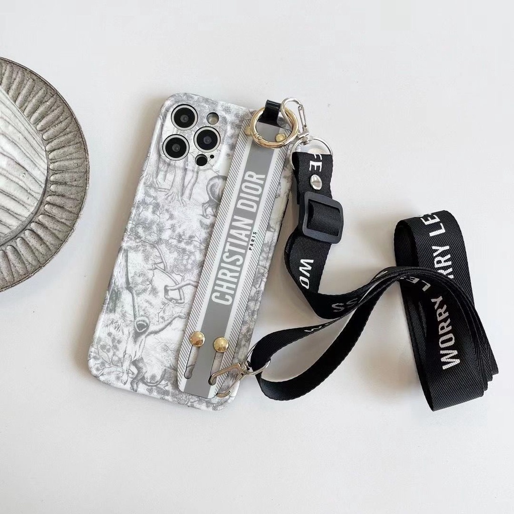 Dior retro pattern wristband phone case dior lanyard big name bracket case case thích hợp cho iphone 13 12 11 14 pro max