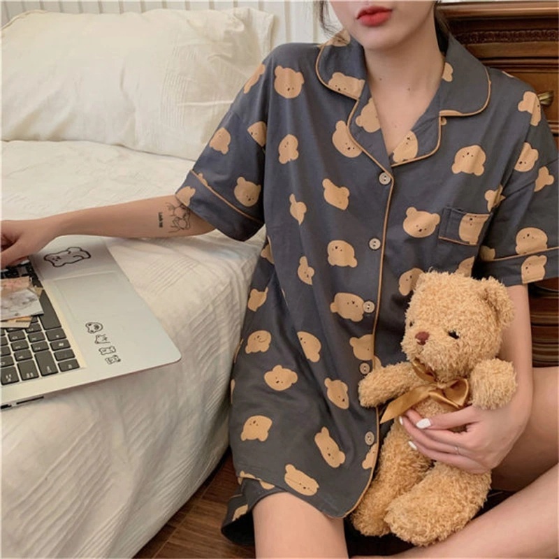 Bộ đồ ngủ ngắn tay in họa tiết hoạt hình độc đáo phong cách Hàn Quốc thời trang mùa hè cho nữ