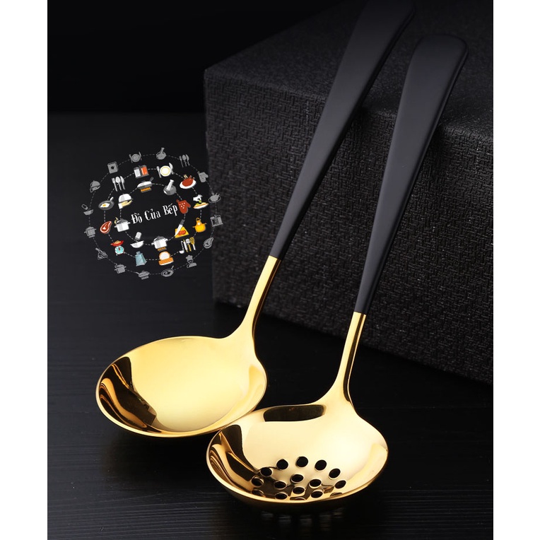 Vá nhỏ muỗng múc canh nước súp inox 304 mạ vàng sáng bóng cán sơn đen nhám chống trượt phong cách vintage dài 19cm