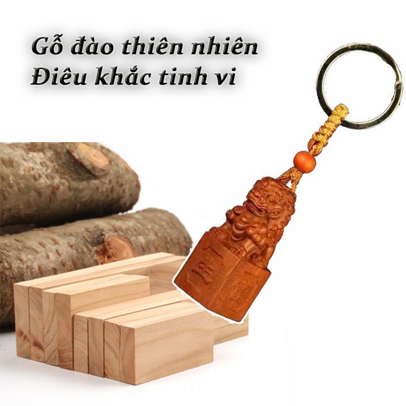 Móc khóa gỗ đào vật phong thủy ấn đầu sư xua tà bình an