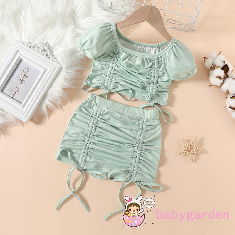 BABYGARDEN-Baby Girls 1-5Year Two-Piece Outfits, Solid Color Tie-Up Straps Pleated Clothes Suit, Short Puff Sleeve Crop Tops + Elastic Waist Skirt Set
