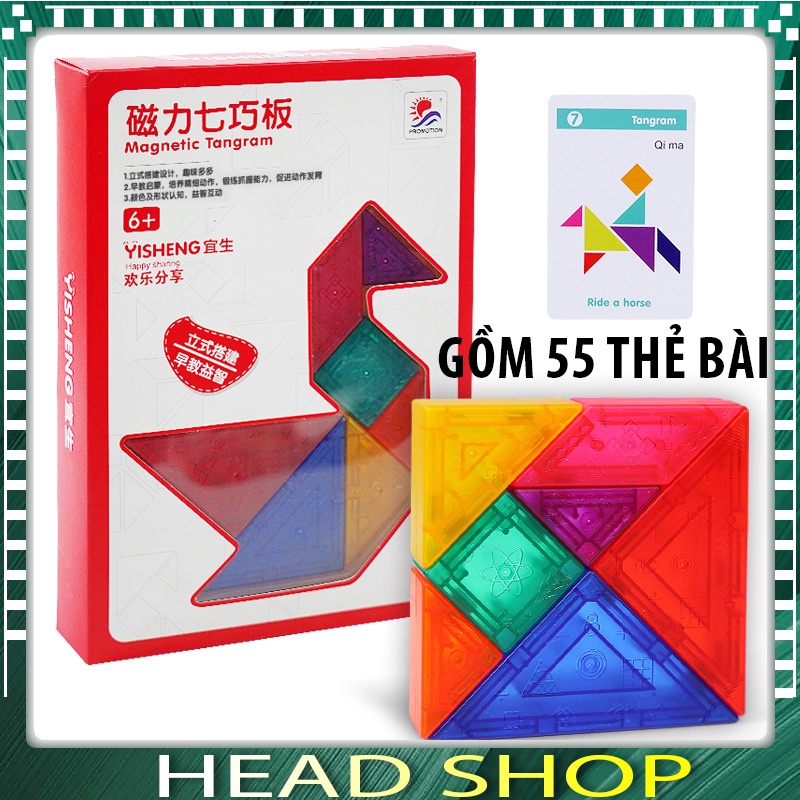 TANGRAM XẾP HÌNH CHO BÉ CÓ KÈM 55 THẺ BÀI HƯỚNG DẪN, ĐỒ CHƠI 7 MIẾNG XẾP TANGRAM ĐƯỢC NHIỀU HÌNH HEADSHOP