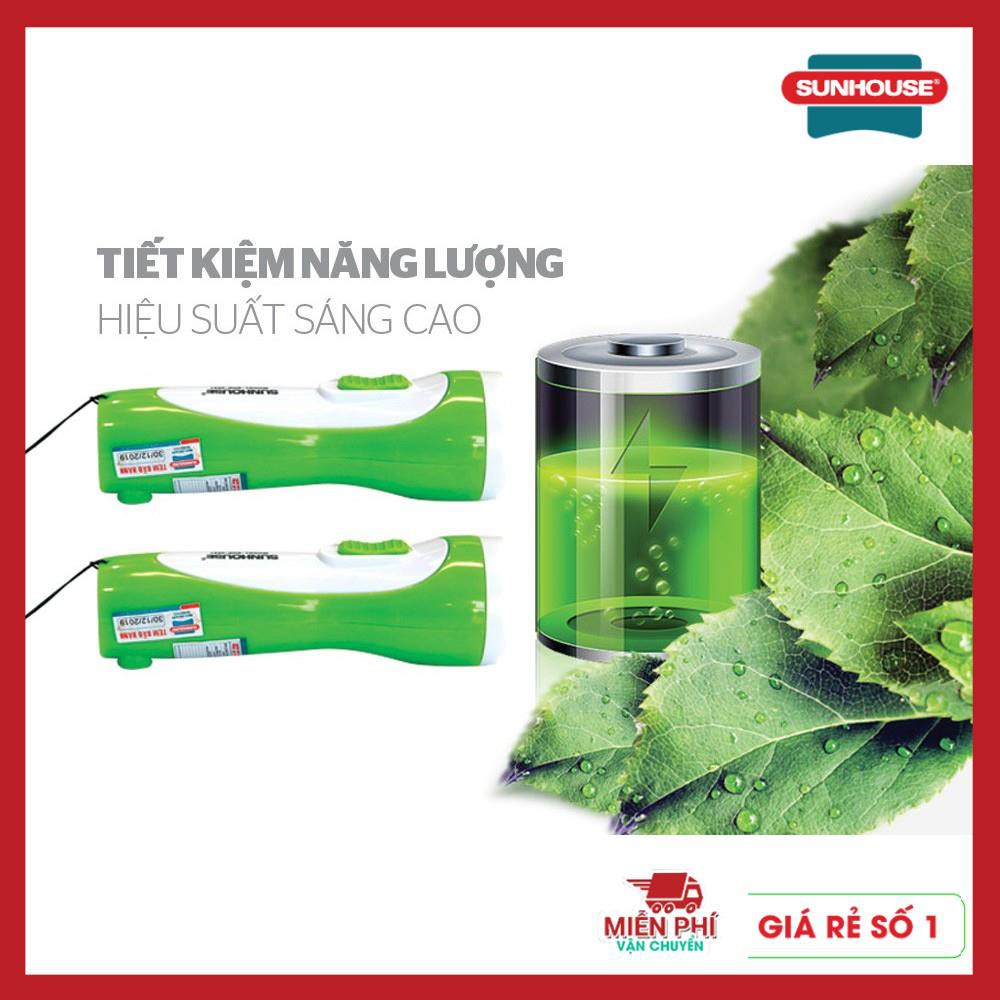 Đèn pin cầm tay Sunhouse SHE4051 cỡ nhỏ, trắng xanh lá, đèn pin Sunhouse thời gian chiếu sáng lên đến 4 giờ liên tục.