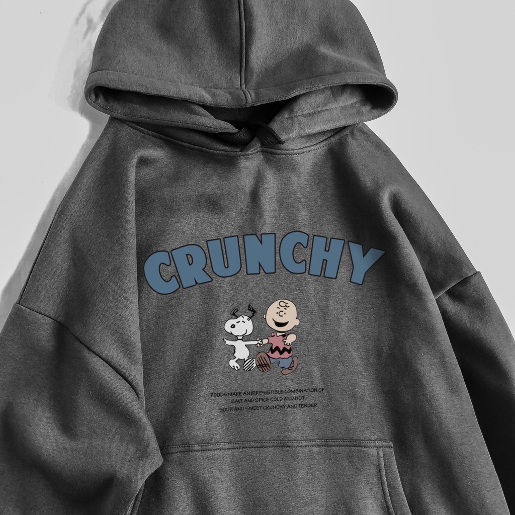 Áo Hoodie Crunchy MEANSTORE nỉ lót bông có mũ oversize unisex nam nữ form rộng phong cách Hàn Quốc - Màu xám, vàng