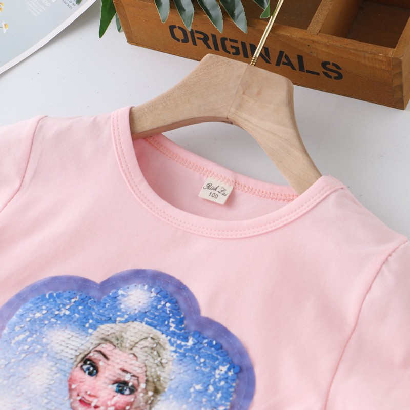 Áo Thun Tay Ngắn Đính Kim Sa Hoạt Hình Thay Đổi Màu Sắc Chất Lượng Cao Thời Trang Mùa Hè Dành Cho Bé Gái 2-8