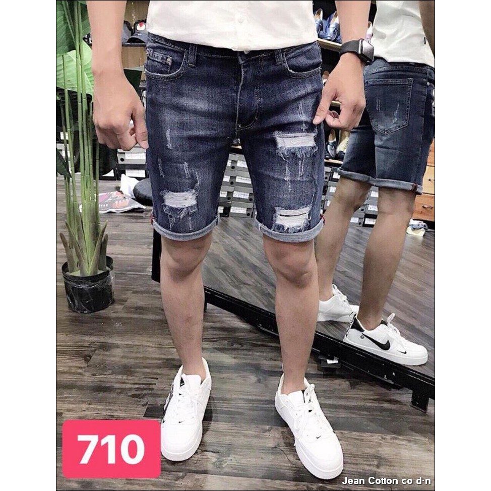 Quần short jean nam màu xám xanh xước gối 3 điểm chuẩn form shop MS710