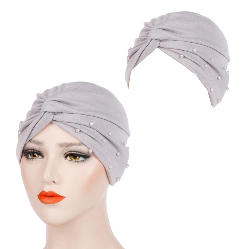 New Stock Cotton Solid Folds Pearl Muslim Turban Women Scarf Black