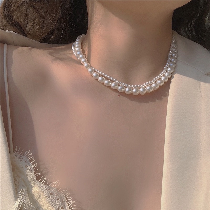 Vòng cổ ngọc trai nhân tạo nhiều lớp phong cách vintage, dây chuyền ngọc trai nữ