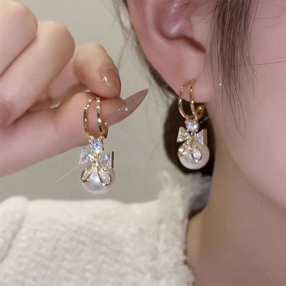 Bông Tai Hình Nơ Đính Ngọc Trai Thời Trang Hàn Quốc Cho Nữ