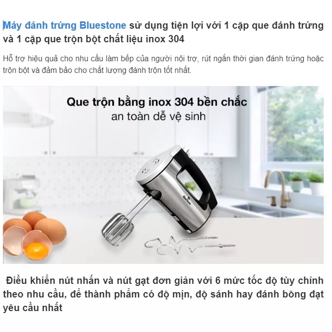 Máy đánh trứng Bluestone HMB-6333s - Hàng chính hãng -Công suất 300W - 6 tốc độ - Bảo hành 24 tháng