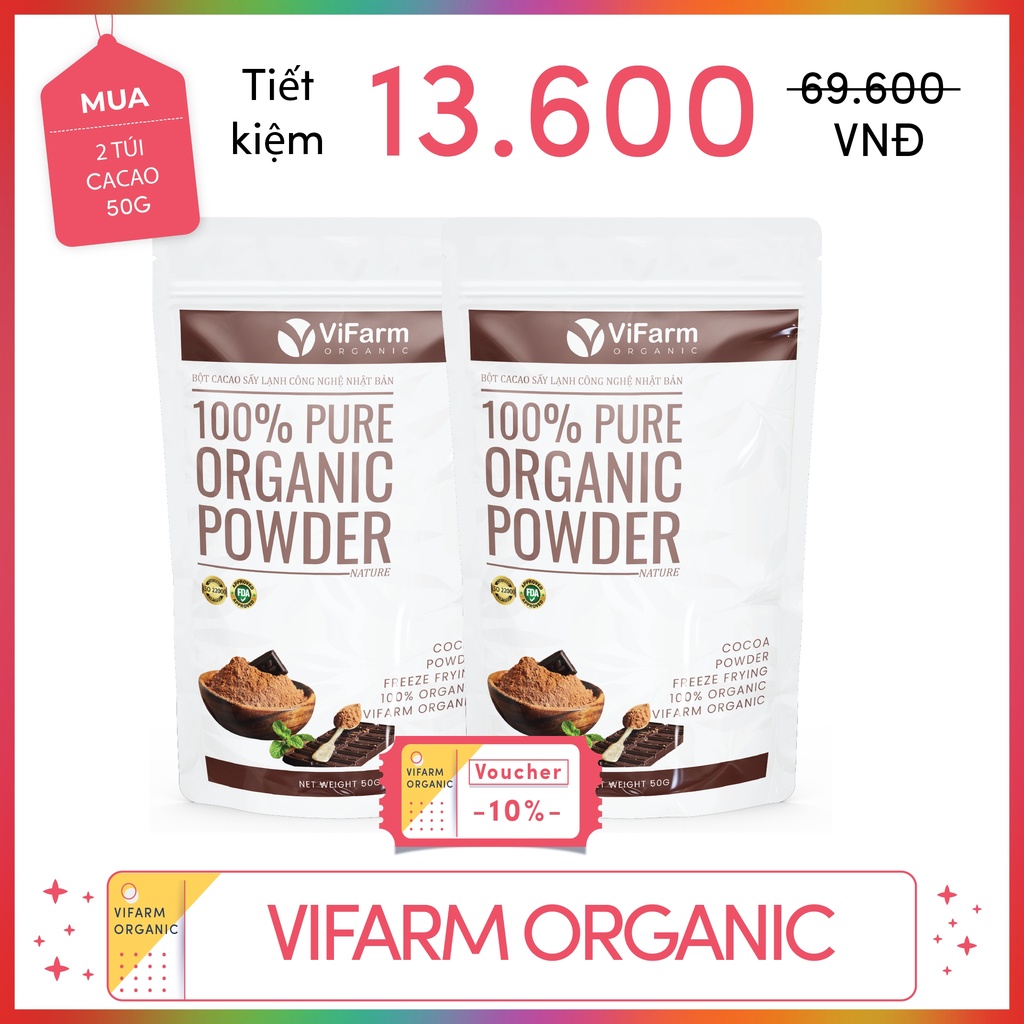 Bột Ca Cao Nguyên Chất 100% ViFarm 50Gram, Bột Cacao không đường, Hỗ Trợ Giảm Cân, Ăn Kiêng