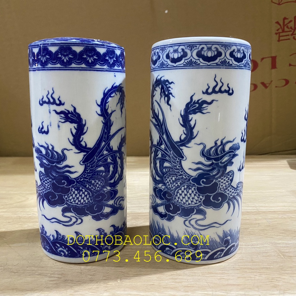 Ống đựng nhang bằng gốm sứ Bát Tràng họa tiết rồng phụng Cao 17cm