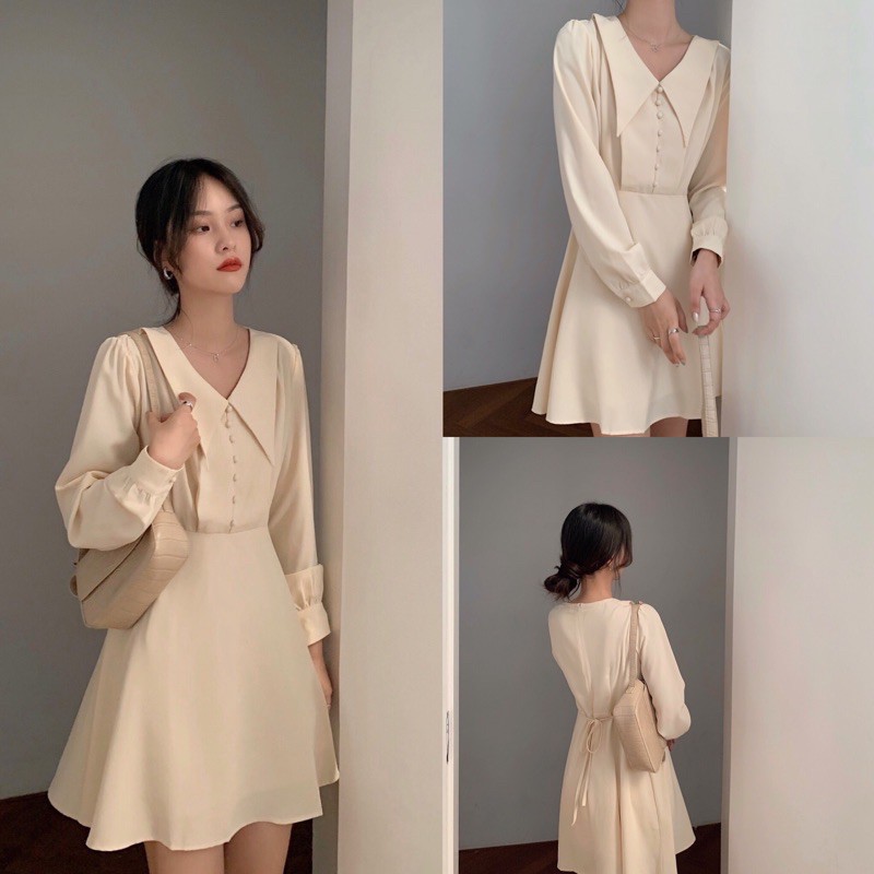 Đầm tay dài cổ V nút bọc