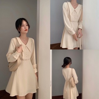 Đầm tay dài cổ V nút bọc