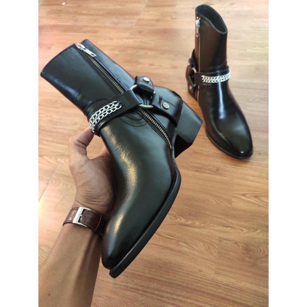 Giày thời trang nam cao cổ Harness boots da bò nguyên tấm đế gỗ tăng chiều cao 4.5cm | BigBuy360 - bigbuy360.vn