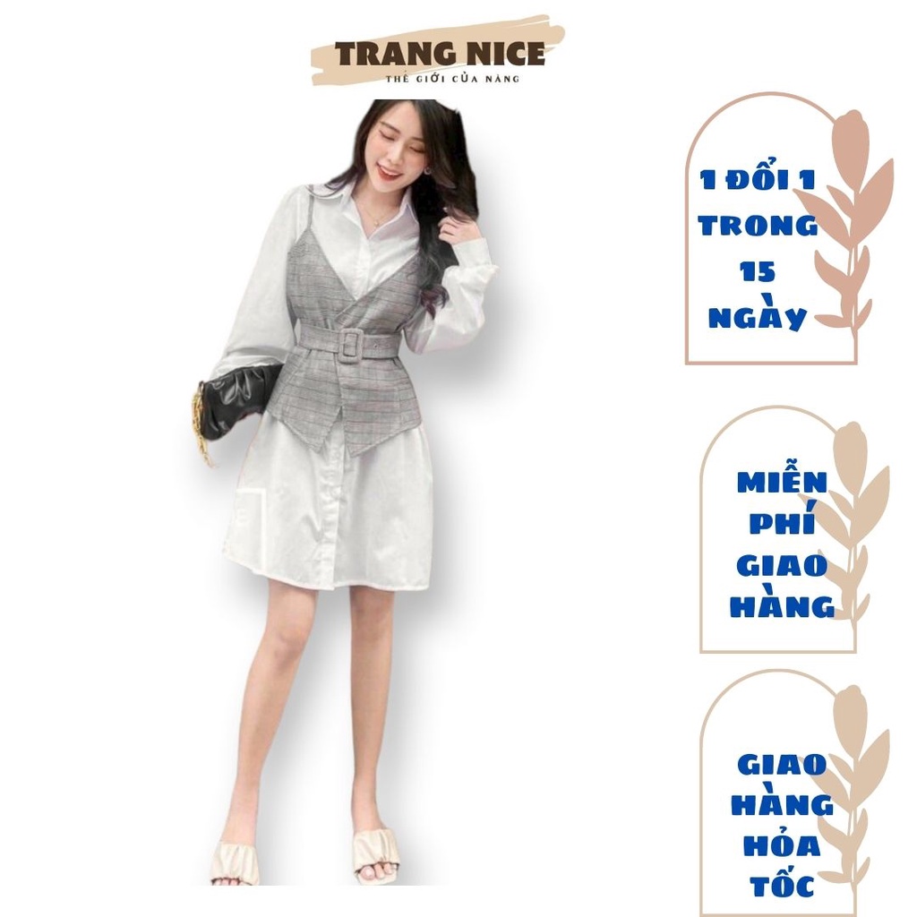 Đầm Nữ TRANG NICE, Đầm Sơ Mi Nữ Thắt Eo Vải Kate Màu Trắng Kèm Áo Yếm Có Đai Eo Freesize từ 45 đến 55kg