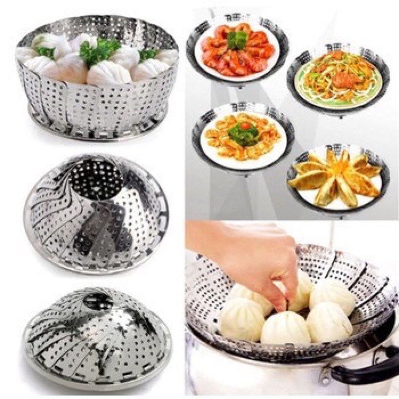 vỉ hấp inox xếp gọn thông minh, Vỉ Rổ Hấp Tròn Inox Xếp Gọn Tiện Lợi Loại Lớn Đường Kính 23cm