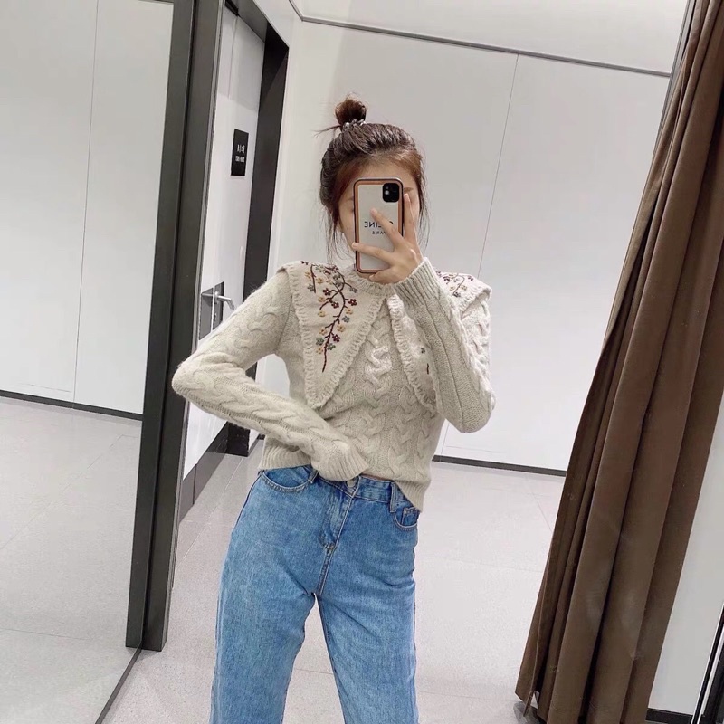 Áo len zara xuất dư bánh bèo thêu hoa cực xinh