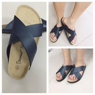 Dép sandal nam nữ quai chéo pu đen đế trấu unisex