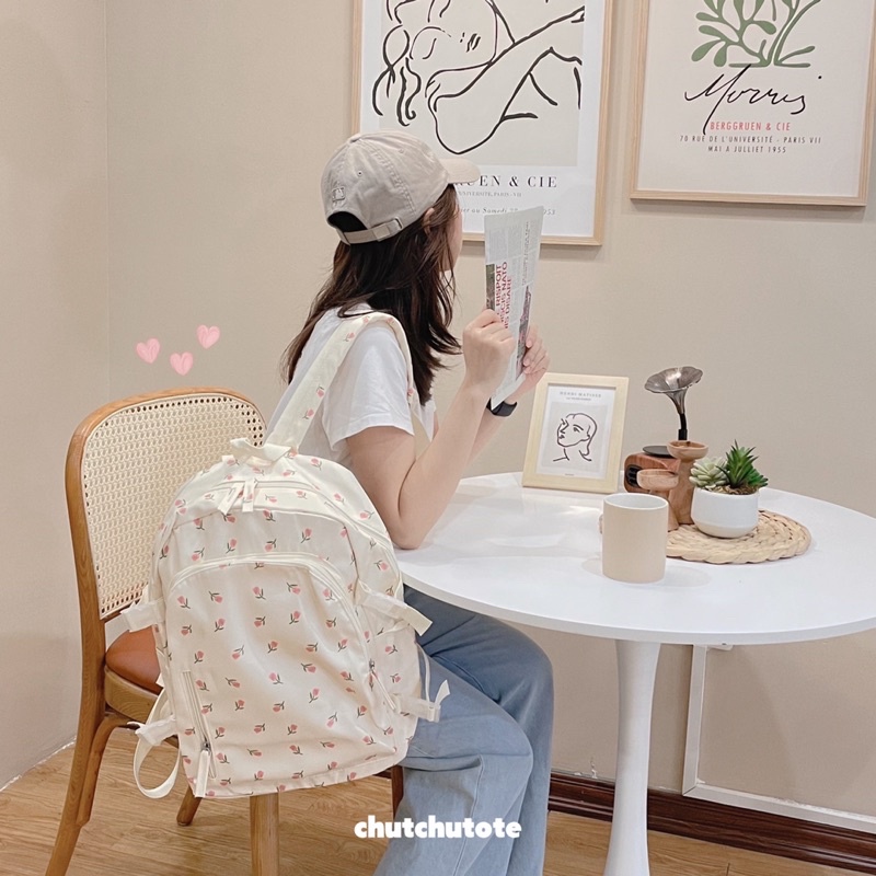 BL219/ Balo creamy đáng yêu chất vải oxford trơn có nhiều ngăn tiện lợi đi học đi chơi dễ thương