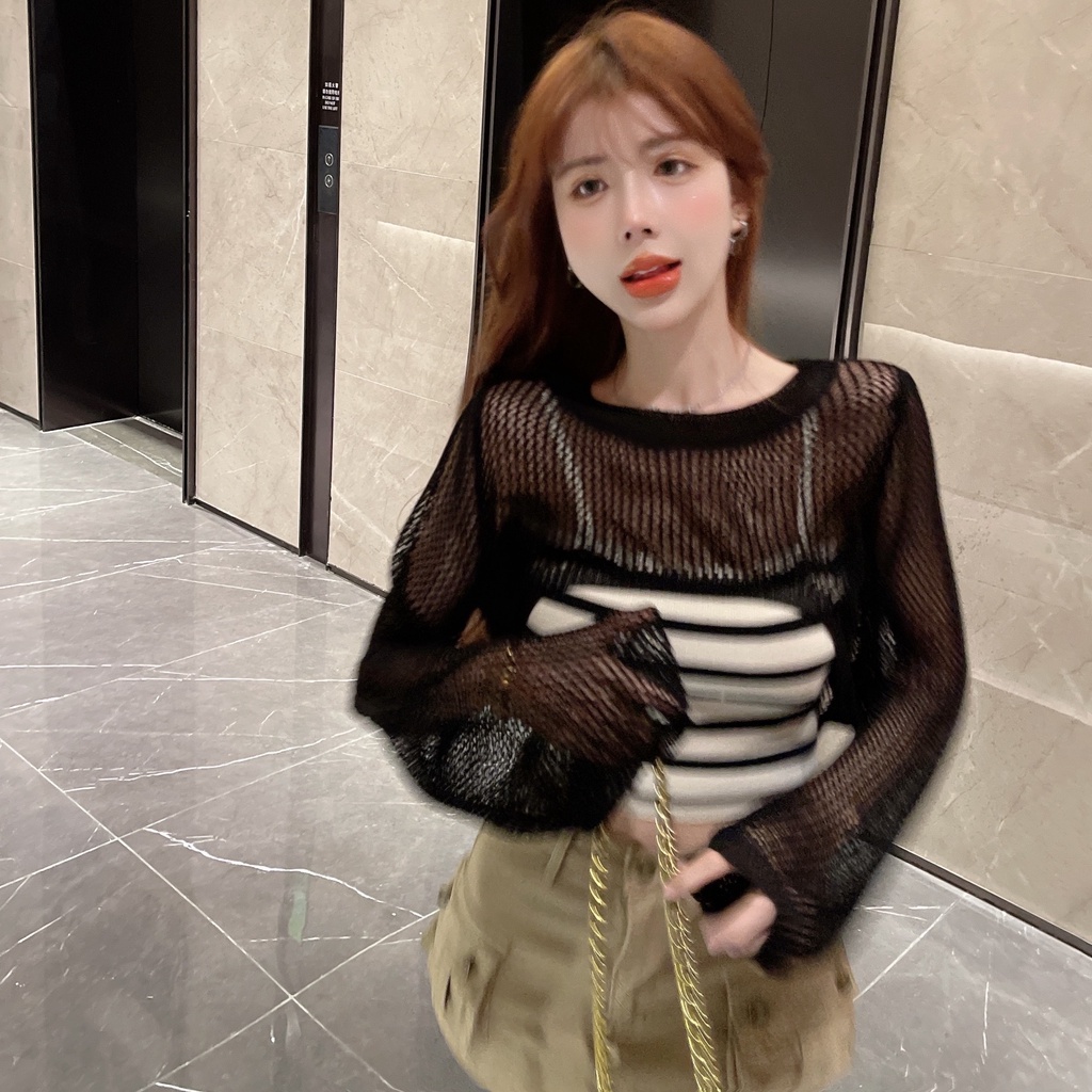 SUXI Áo Croptop Dệt Kim Chống Nắng Dáng Ôm Họa Tiết Kẻ Sọc Thời Trang Mùa Hè Cho Nữ